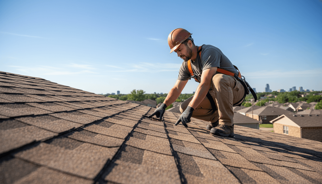 Professional roofing contractor inspecting residential rooftop in Kansas City