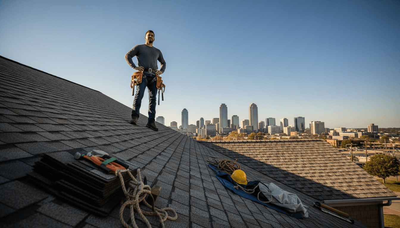 Roofing contractor standing confidently on residential roof in Kansas City with city skyline behind