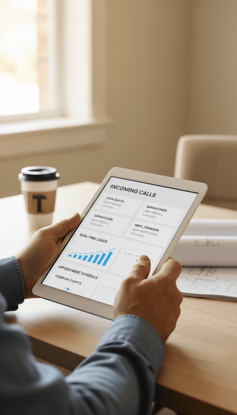 Roofing contractor viewing lead management dashboard on tablet with incoming lead notifications