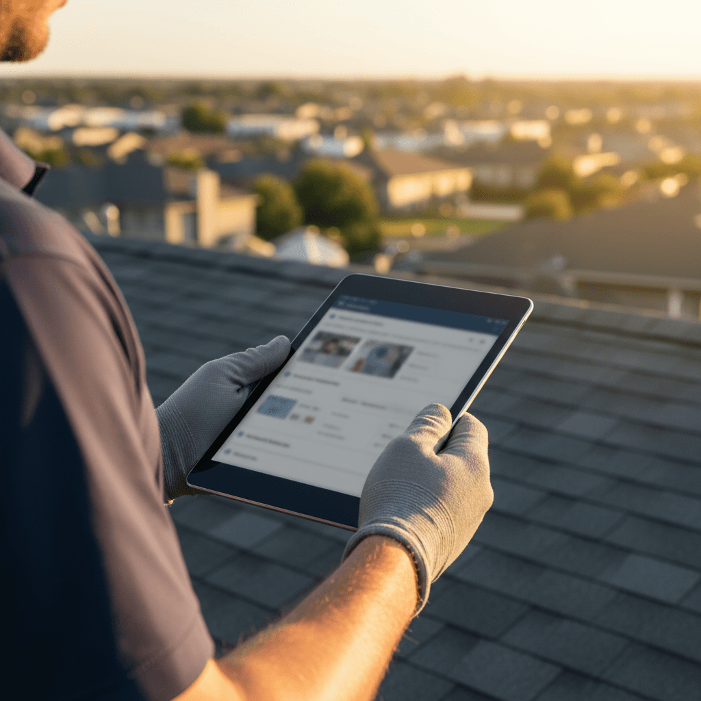 Roofing contractors reviewing booked appointments and lead data on devices